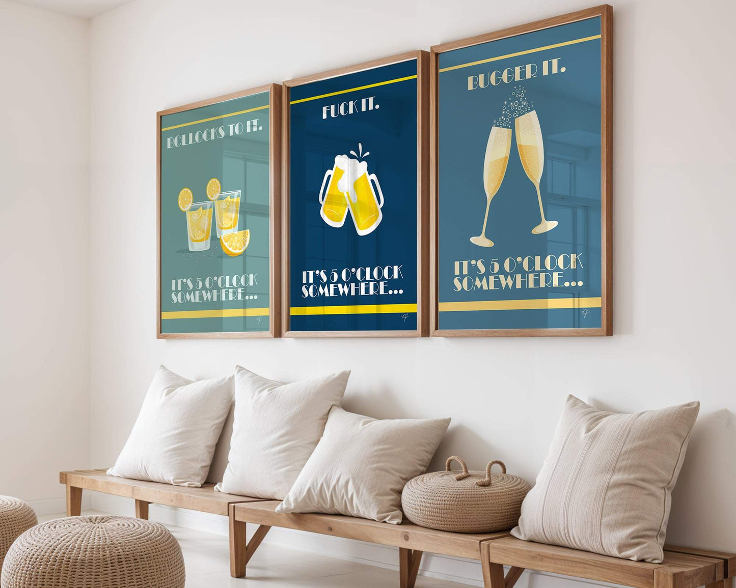 Colorful playful wall art print with "Fuck It - It's 5 o'clock somewhere" text for kitchen or gift displays