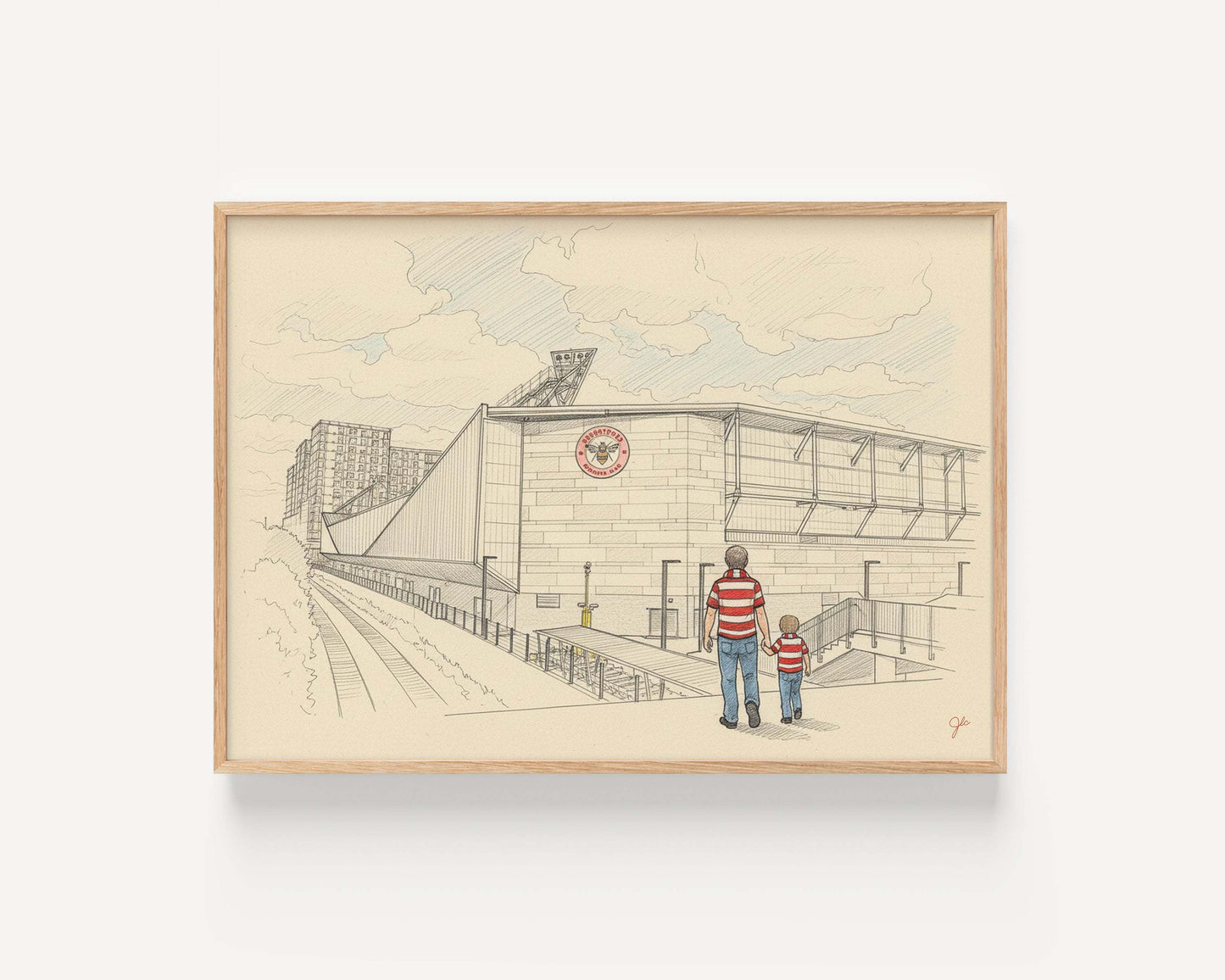 Brentford Football Club print showing Gtech Community Stadium with fans and family in club colors