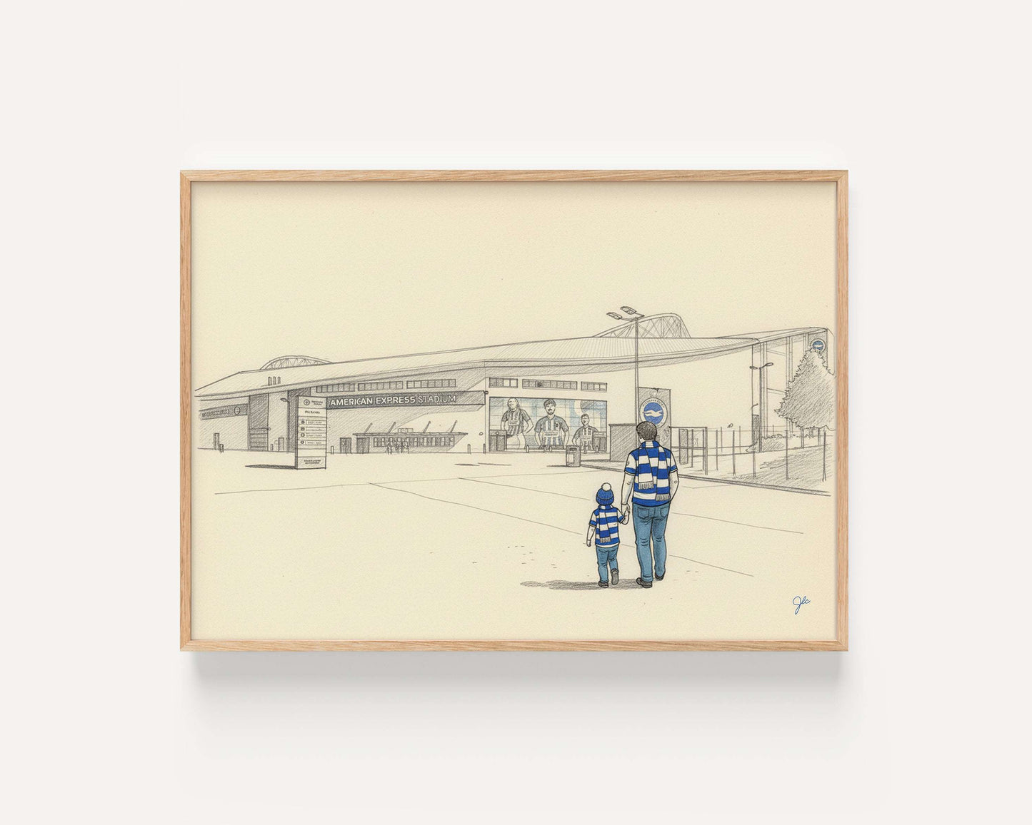 Brighton & Hove Albion "Sussex by the Sea" print showing Amex stadium with father and child in club colors celebrating matchday unity