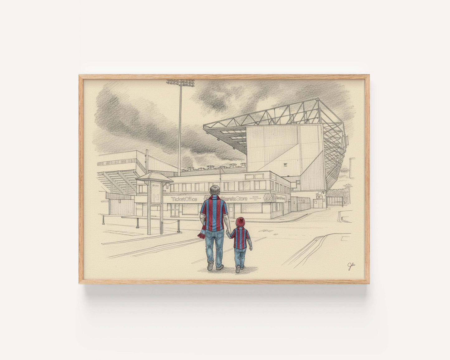 Burnley Football Club print featuring Turf Moor stadium with fans in claret and blue celebrating football heritage