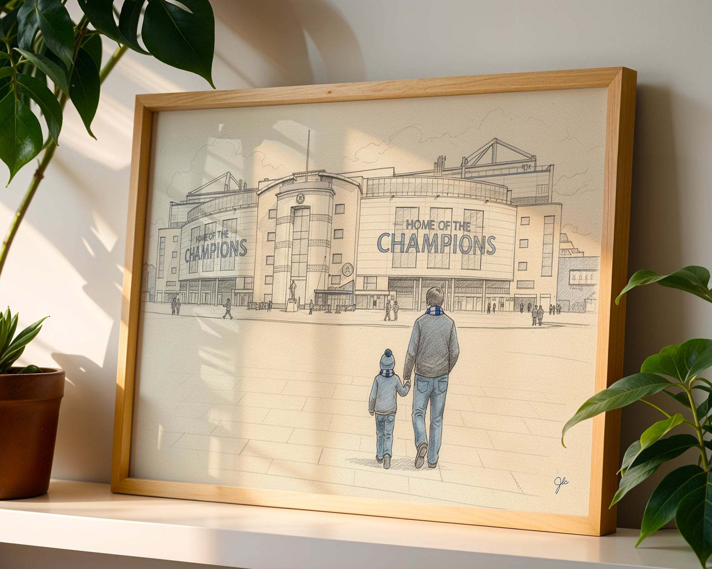 Illustrated Chelsea Football Club Stamford Bridge print showing father and child in blue at stadium façade