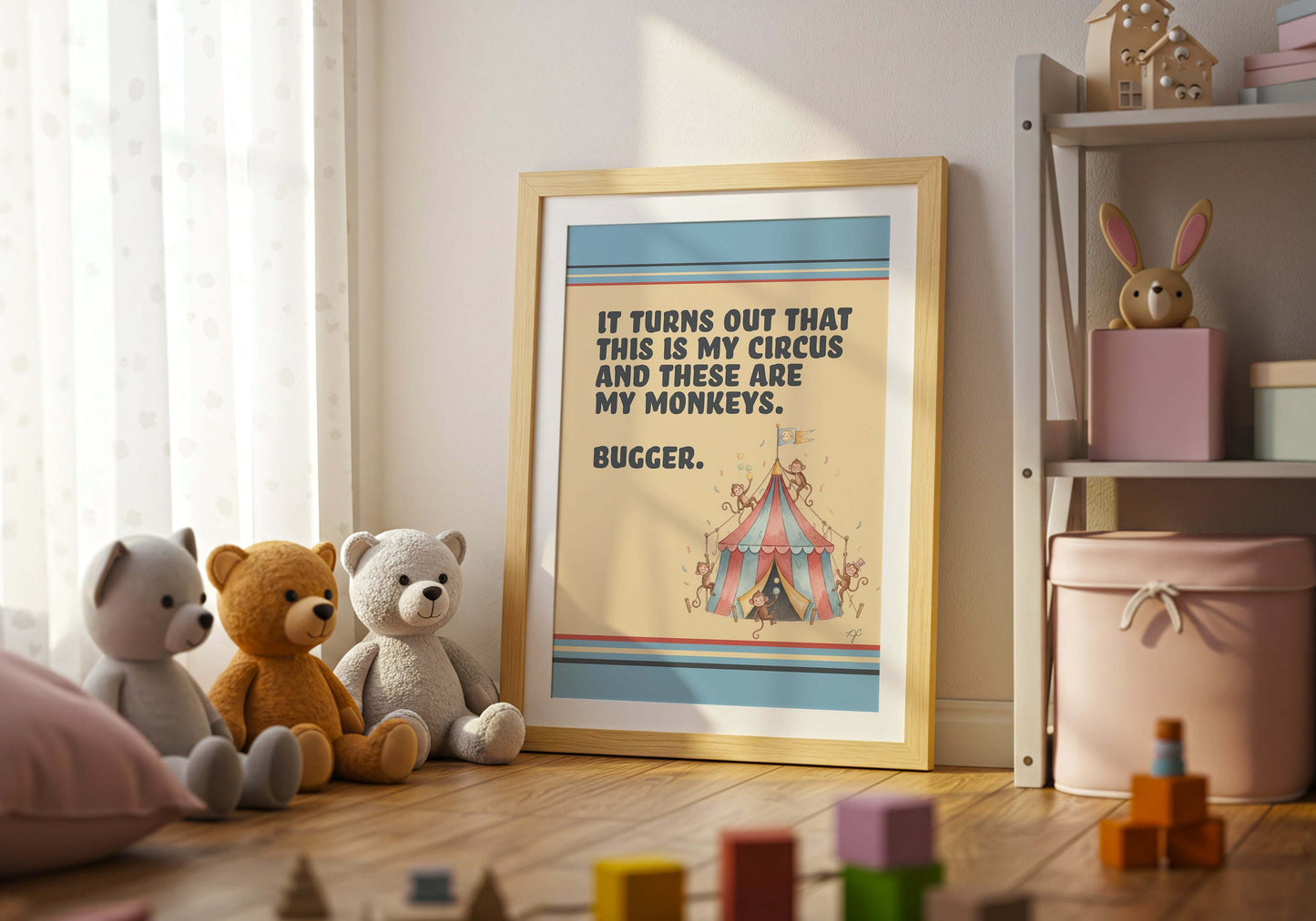 Colorful "My Circus, My Monkeys" wall art print with playful monkeys, perfect for kitchen or gift shop decor