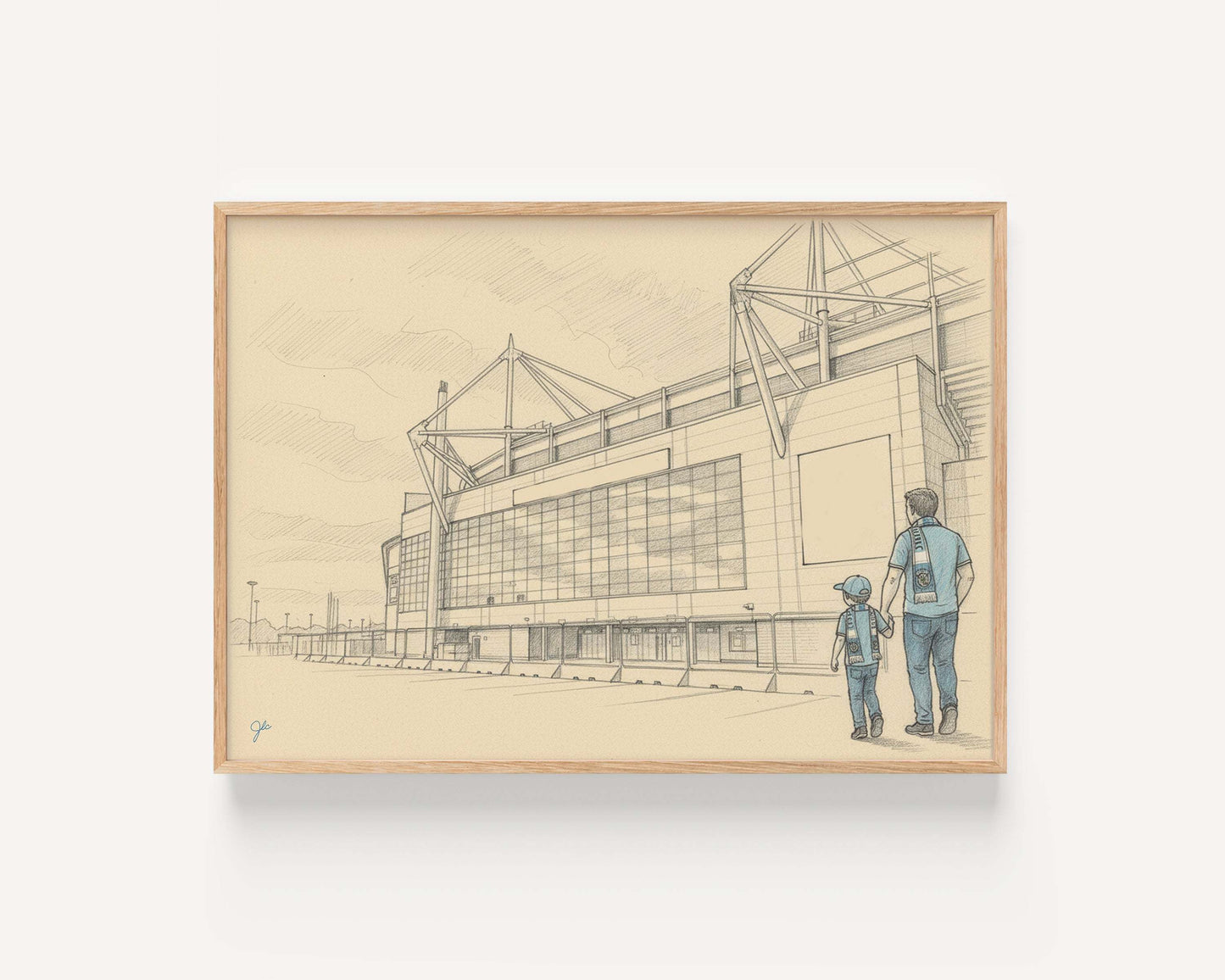 Coventry City Football Club Sky Blue Spirit print showing Coventry Building Society Arena with fans and family in sky blue colors