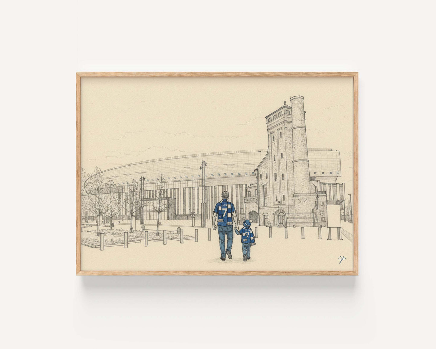Everton Football Club print showing Bramley-Moore Dock with father and child in Everton blue