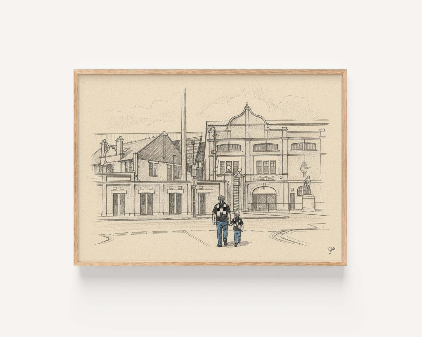 Fulham Football Club Craven Cottage riverside print with father and child illustration