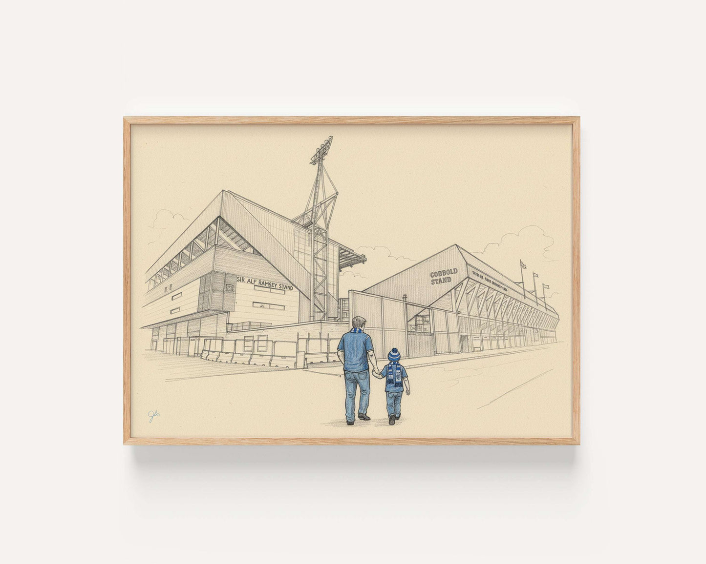 Ipswich Town Football Club "Tractor Boys" print showing Portman Road stadium with fans in blue and white celebrating Hull City memories