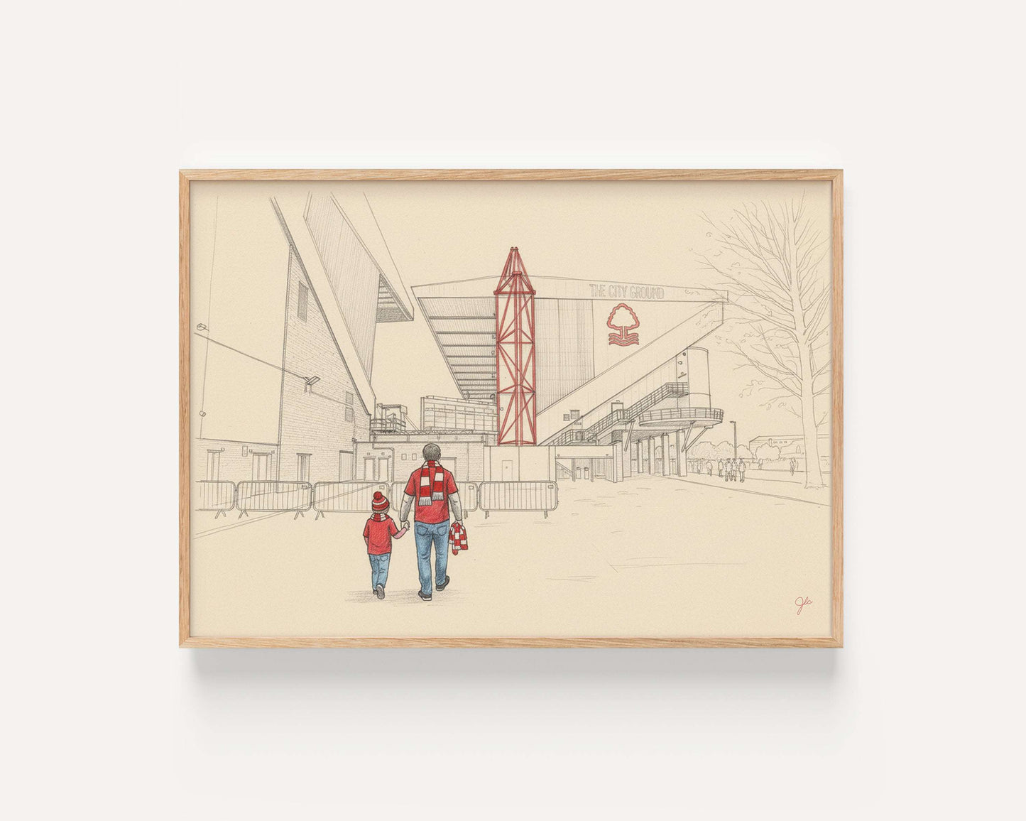 Illustrated Nottingham Forest City Ground print showing main stand and fans in red, capturing football heritage and family pride