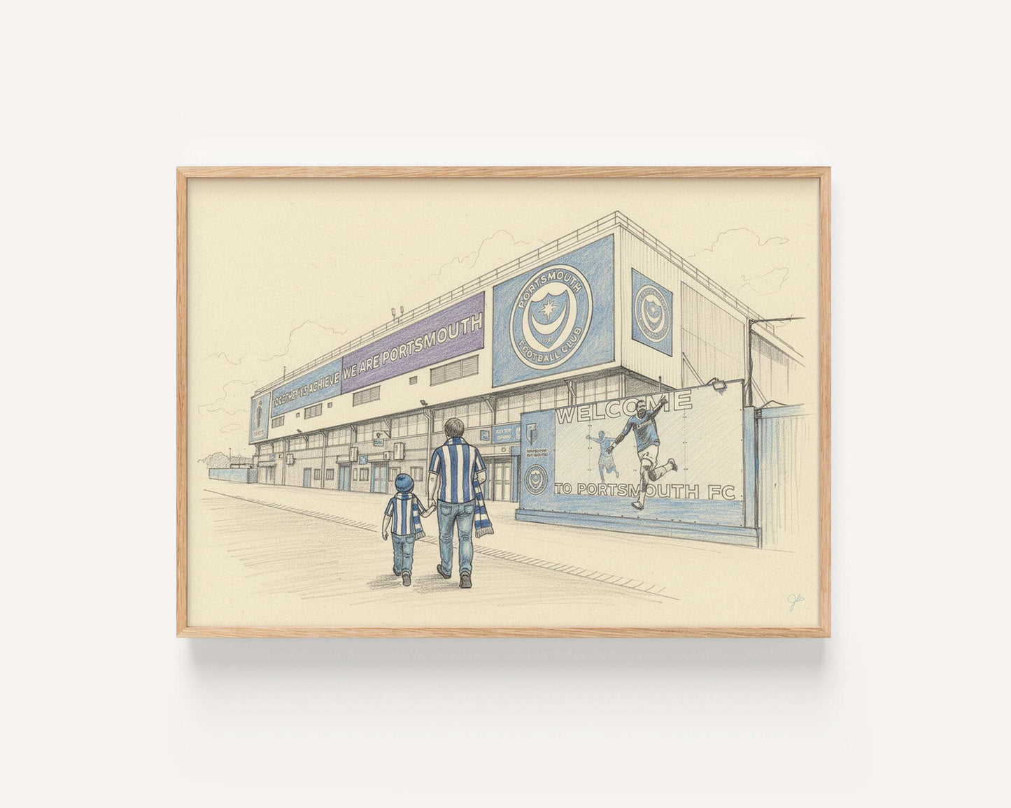 Illustrated Play Up Pompey print showing Fratton Park stadium with Portsmouth FC fans in blue and white celebrating together