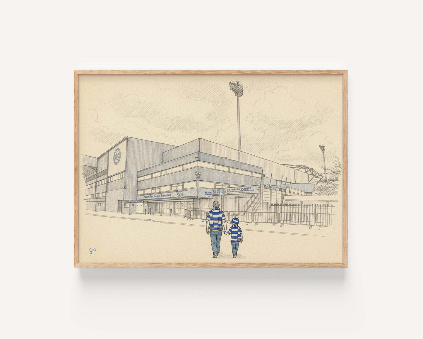Illustrated Queens Park Rangers Loftus Road stadium print with fans in blue and white celebrating matchday atmosphere