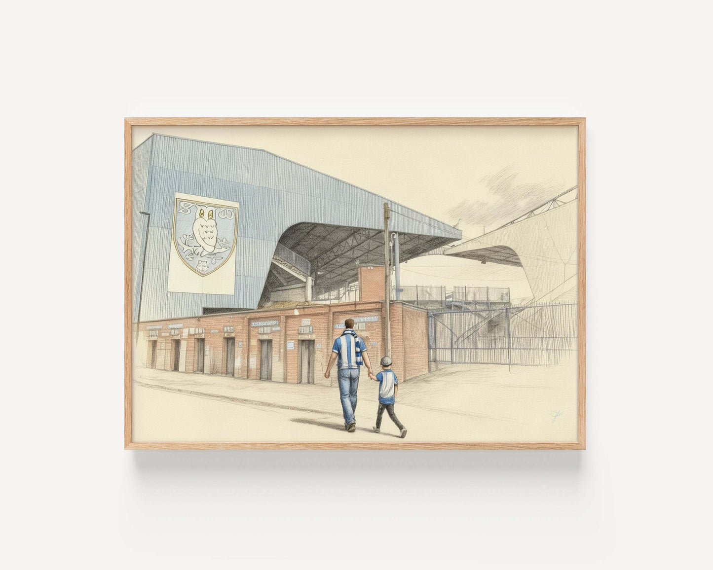 Illustrated Sheffield Wednesday Football Club print showing Hillsborough Stadium with fans in blue and white celebrating on matchday