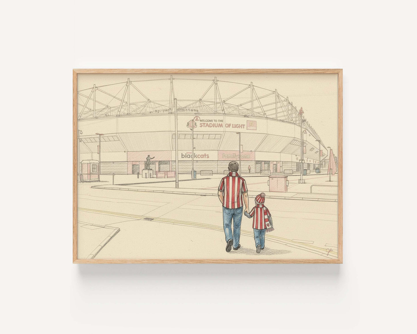 Illustrated print of Sunderland Football Club's Stadium of Light with a father and child in red and white, capturing matchday spirit and family pride