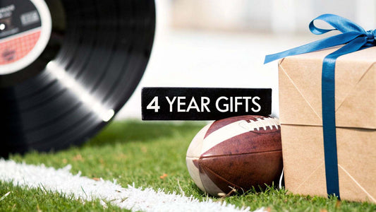 Four 4 year anniversary gift ideas for music and sports fans collage with sports gear and musical instruments