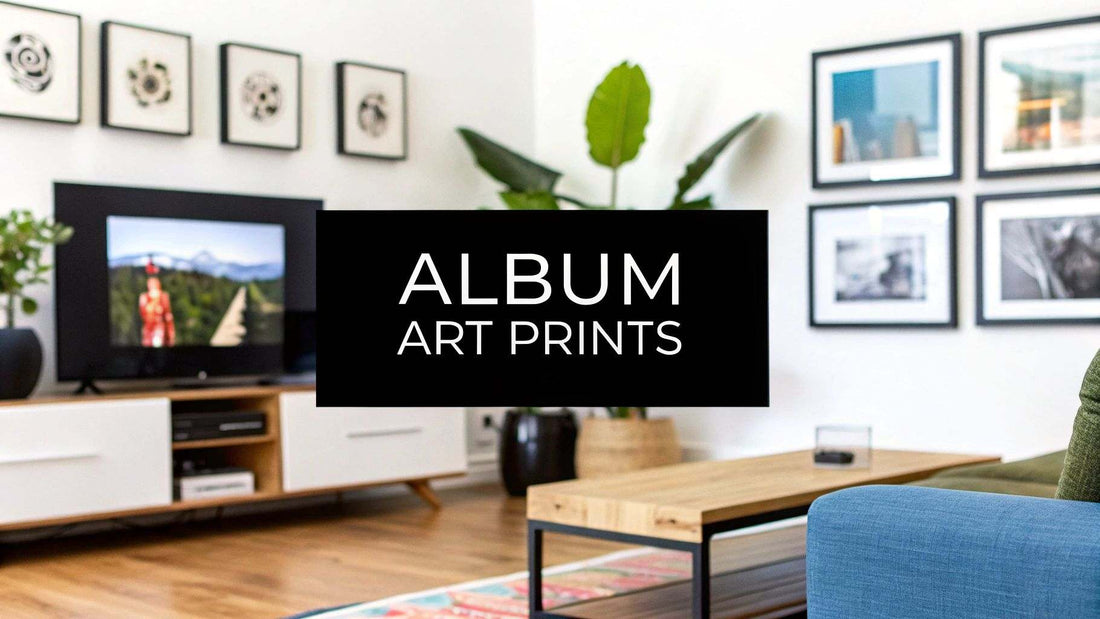 Colorful album art prints displayed on a wall to upgrade boring walls