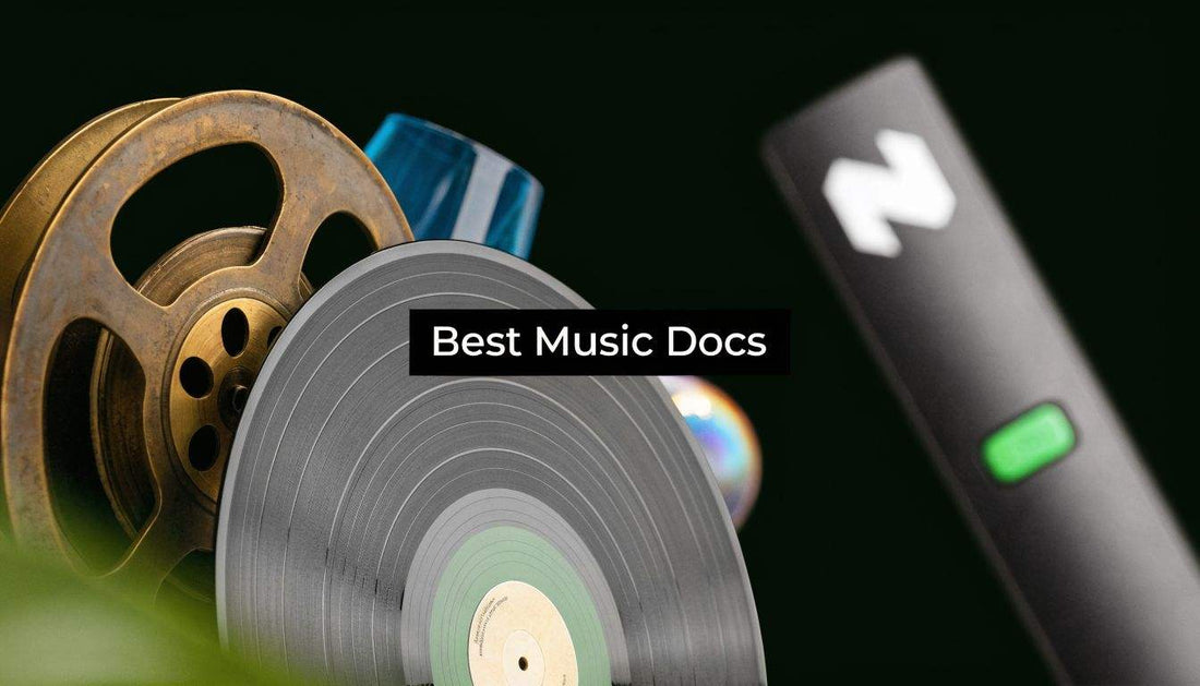 Best music documentaries on Netflix to watch in 2026 title screen with film reel and music notes background
