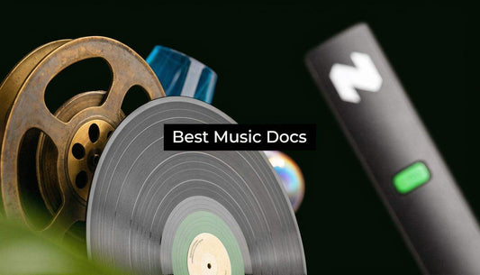 Best music documentaries on Netflix to watch in 2026 title screen with film reel and music notes background