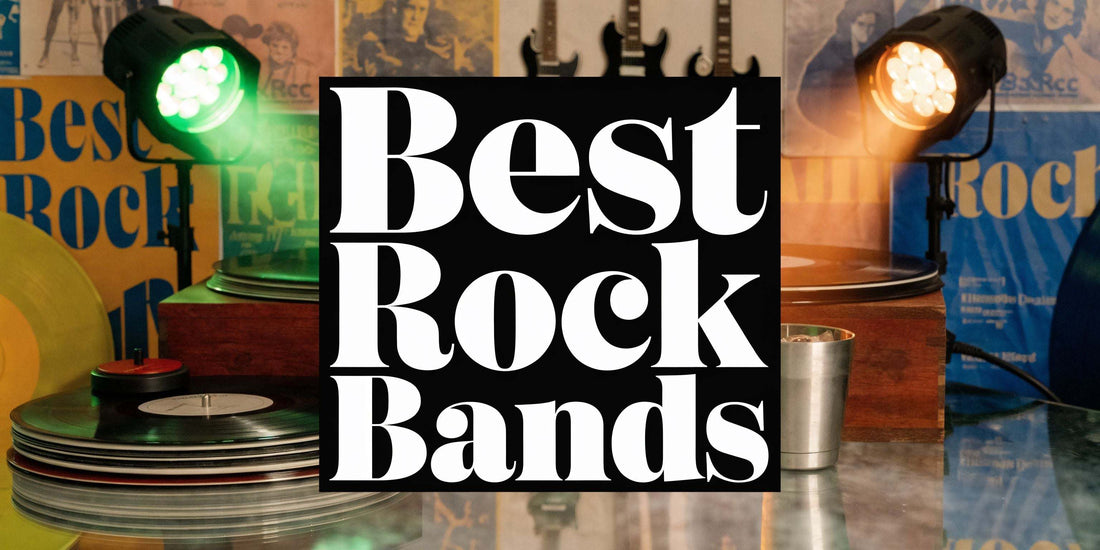 The 10 Best Rock Bands of All Time for Your Walls poster with iconic rock band logos