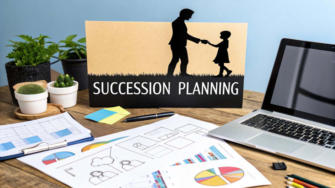 Family business succession planning guide concept with family and business icons