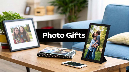 Unforgettable Father Day photo gifts that he'll actually want displayed on a rustic wooden table
