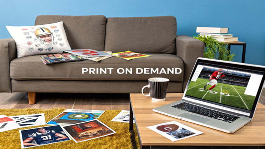 Person working on laptop from sofa starting a print on demand business