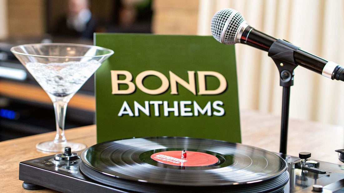 Shaken Not Stirred James Bond Theme Songs List cover with iconic spy elements