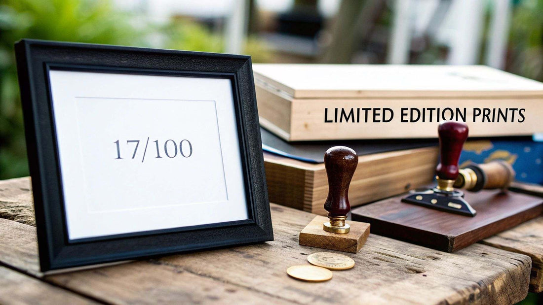 A Guide to Limited Edition Print Art with various print samples displayed on a table