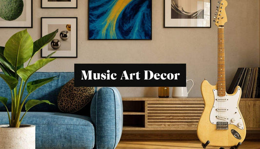 Music art decor transforming a white wall with colorful music-themed paintings