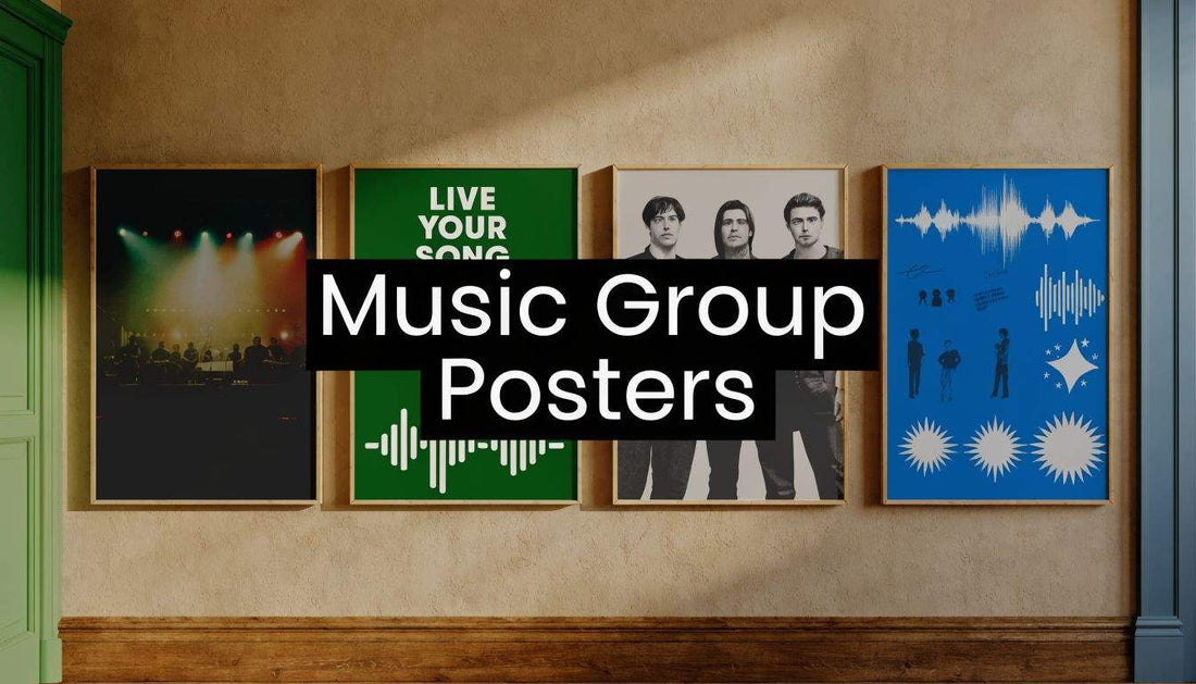 Music group posters displayed on a wall, showcasing perfect wall art ideas