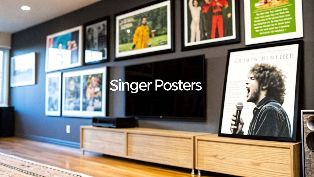 Colorful posters of famous singers decorating a personal wall of fame