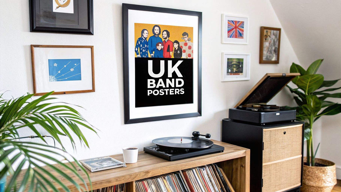 Colorful collection of iconic UK band posters decorating a wall in a music-themed room