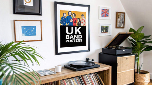 Colorful collection of iconic UK band posters decorating a wall in a music-themed room