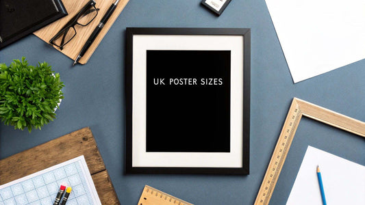 A Guide to UK Poster Sizes and Finding the Perfect Frame infographic with poster dimensions and framing tips