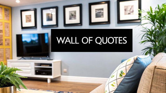Wall of quotes displayed artistically on a wall demonstrating how to create a wall of quotes that looks legendary