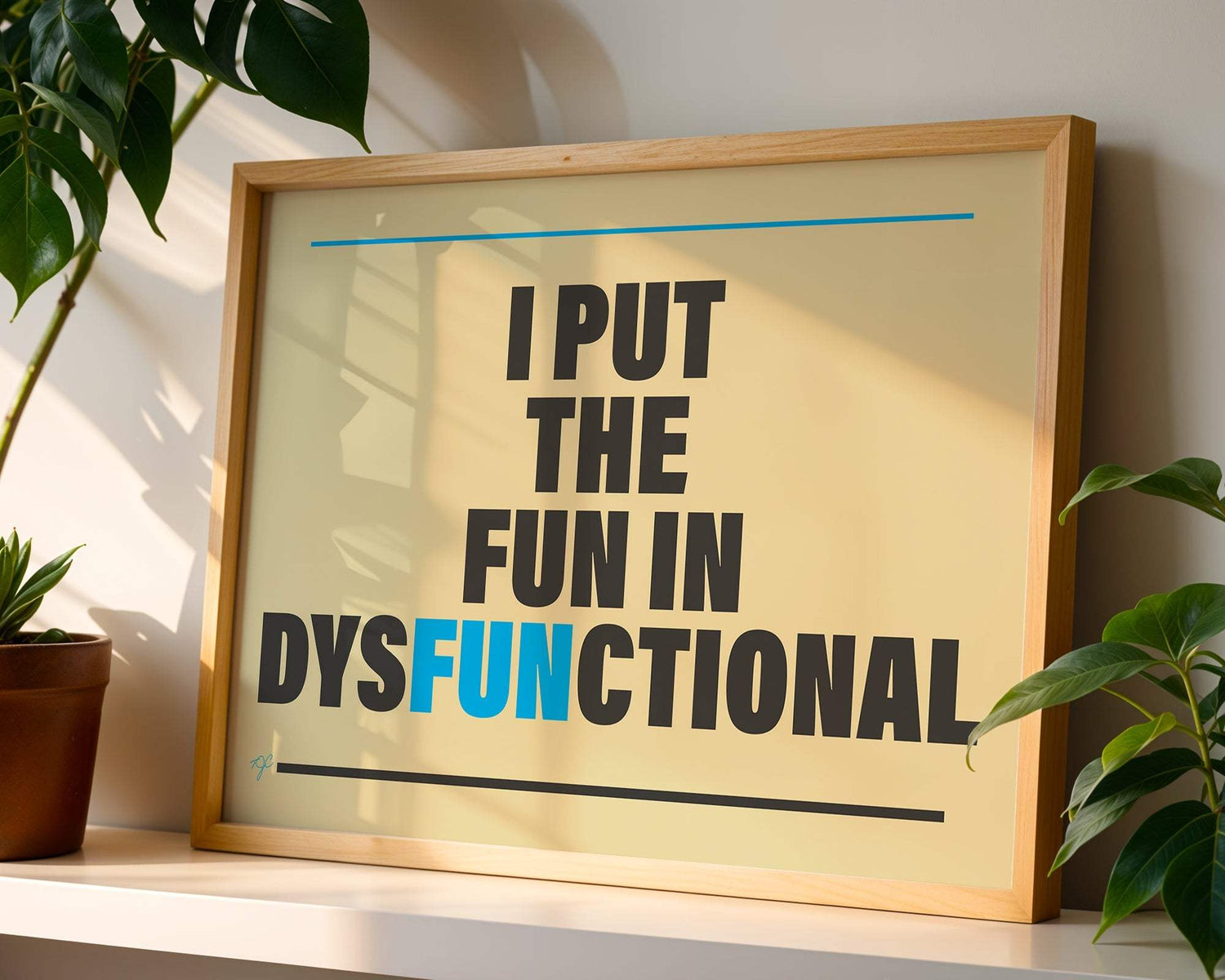 Between the Lines Prints showcasing witty wordplay designs with phrases between two horizontal lines on fine art paper