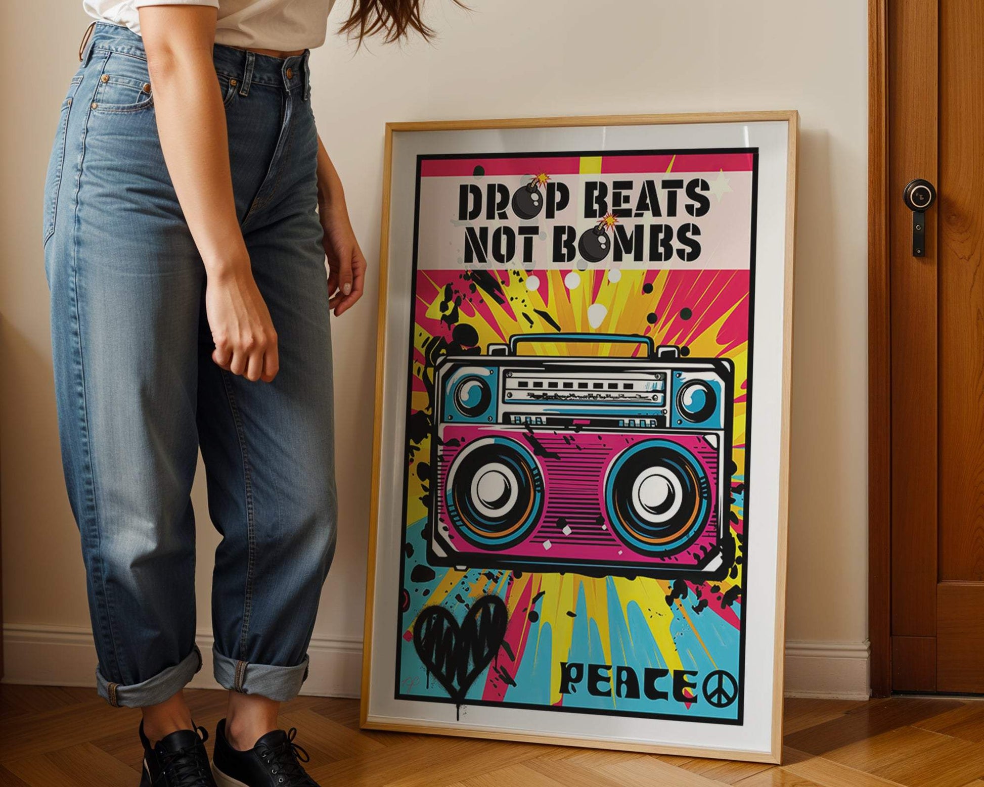 Drop Beats Not Bombs print with musical notes and peace symbol wall art