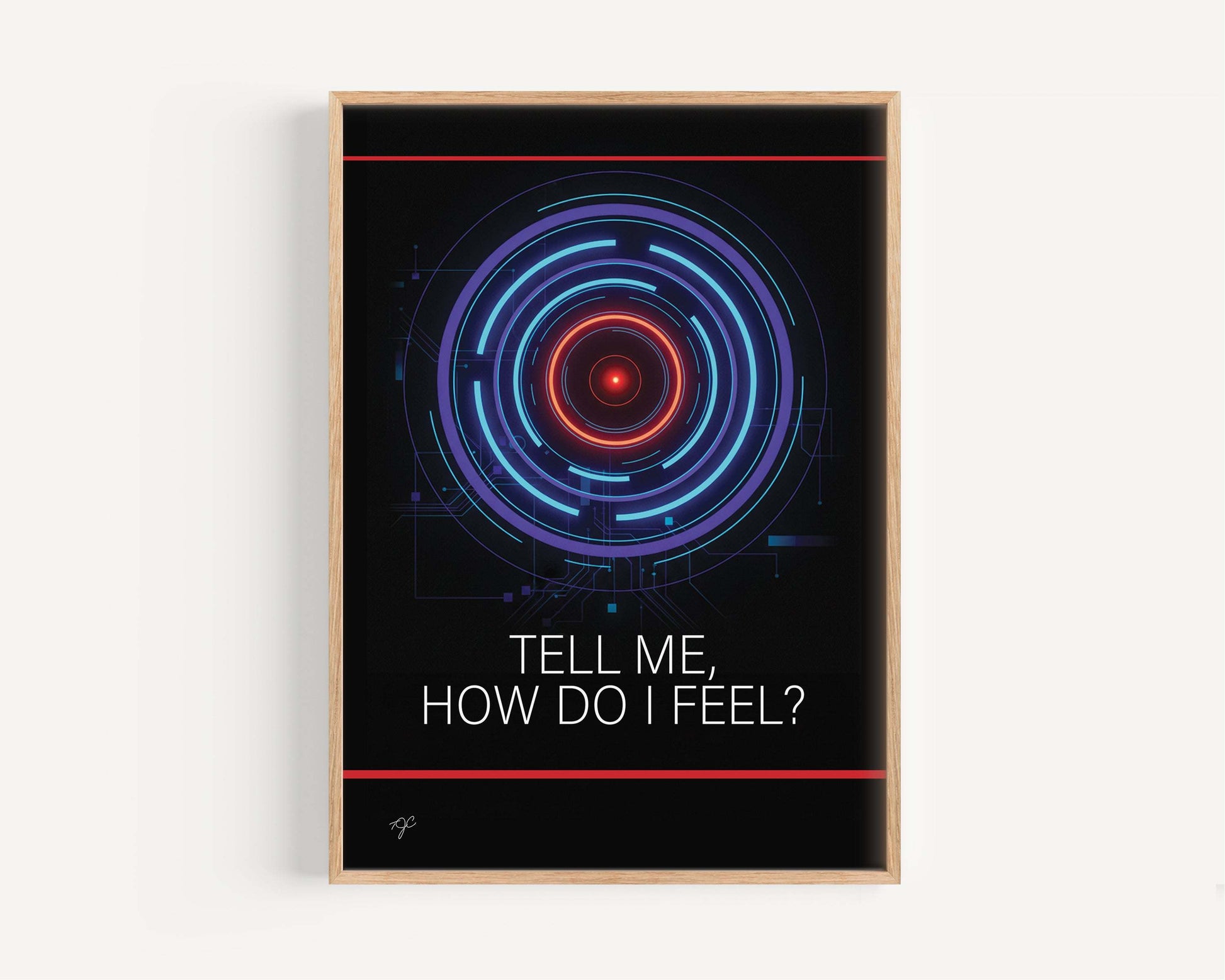 Blue Monday inspired print with glowing neon circles and red-blue palette on black background referencing Bolton Wanderers Football Club style