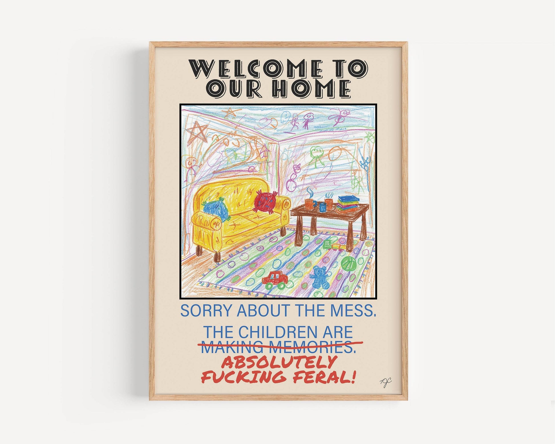 Playful kitchen wall art print with childlike crayon drawing and humorous "Sorry about the mess" message