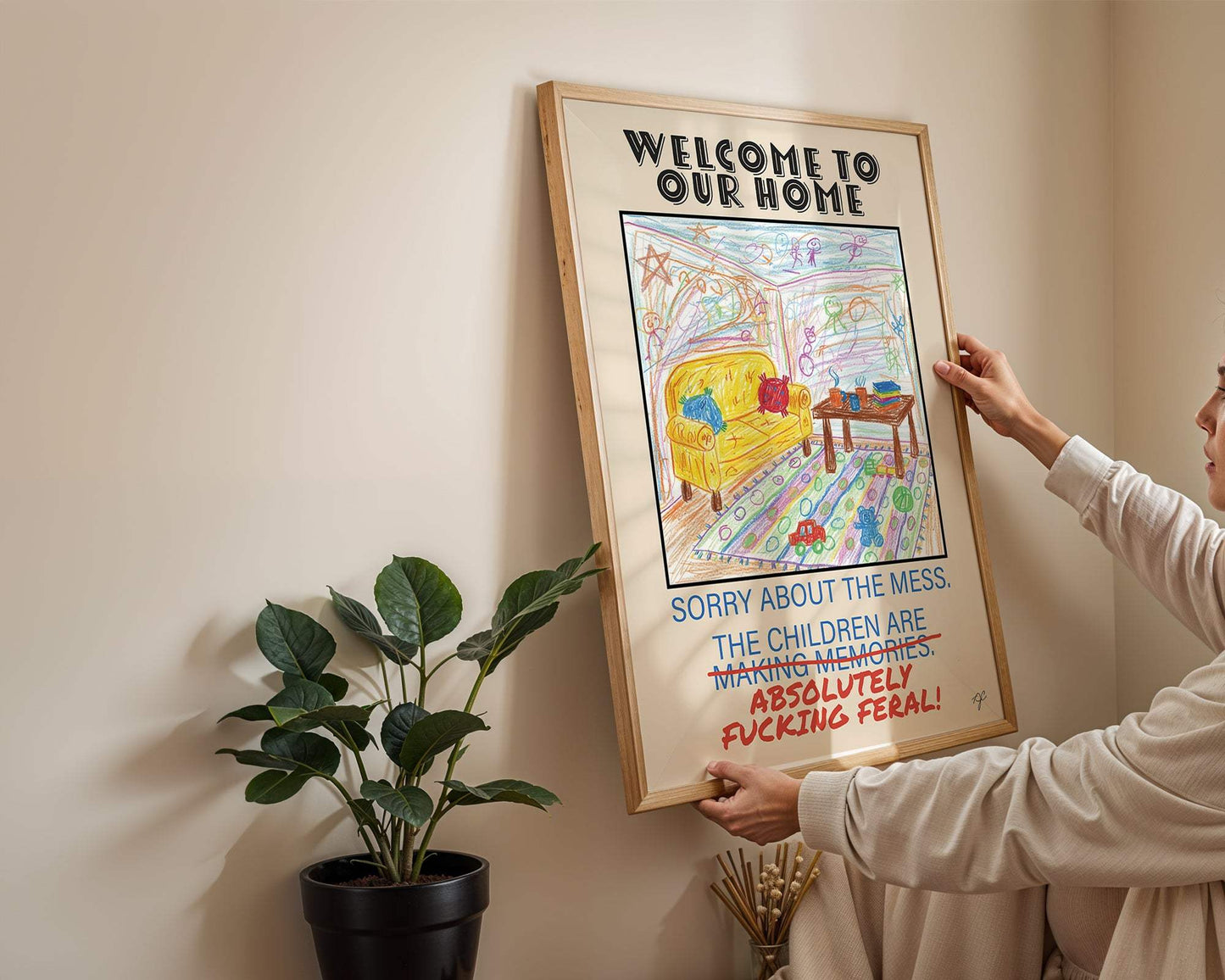 Playful kitchen wall art print featuring childlike crayon drawing and humorous "Sorry about the Mess" message