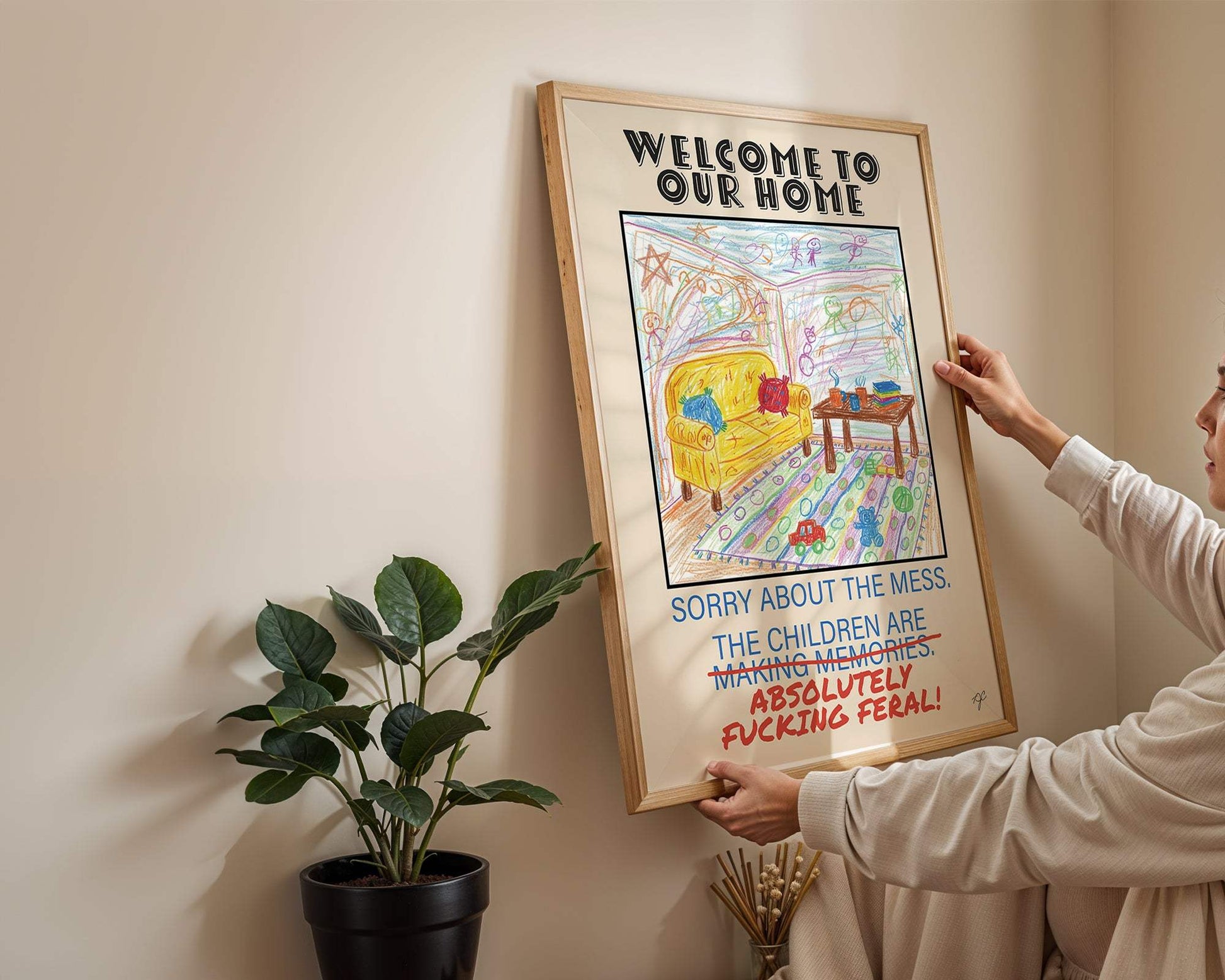 Playful kitchen wall art print featuring childlike crayon drawing and humorous "Sorry about the Mess" message