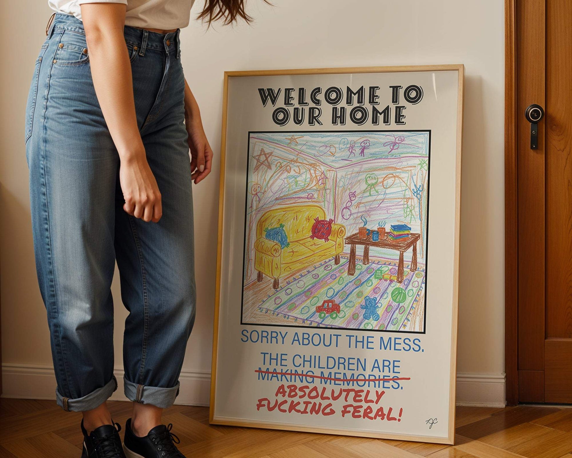 Sorry about the Mess wall art print with playful childlike kitchen crayon drawing and humorous text for family kitchens