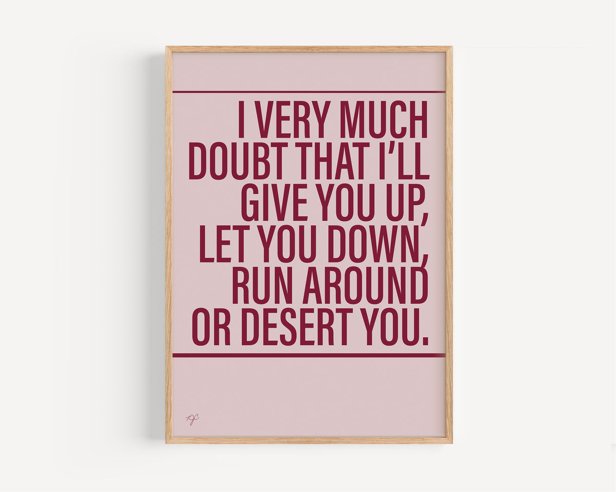 Never Gonna Give You Up Alternative Lyrics Music Print │ Song Lyric Wall Art UK