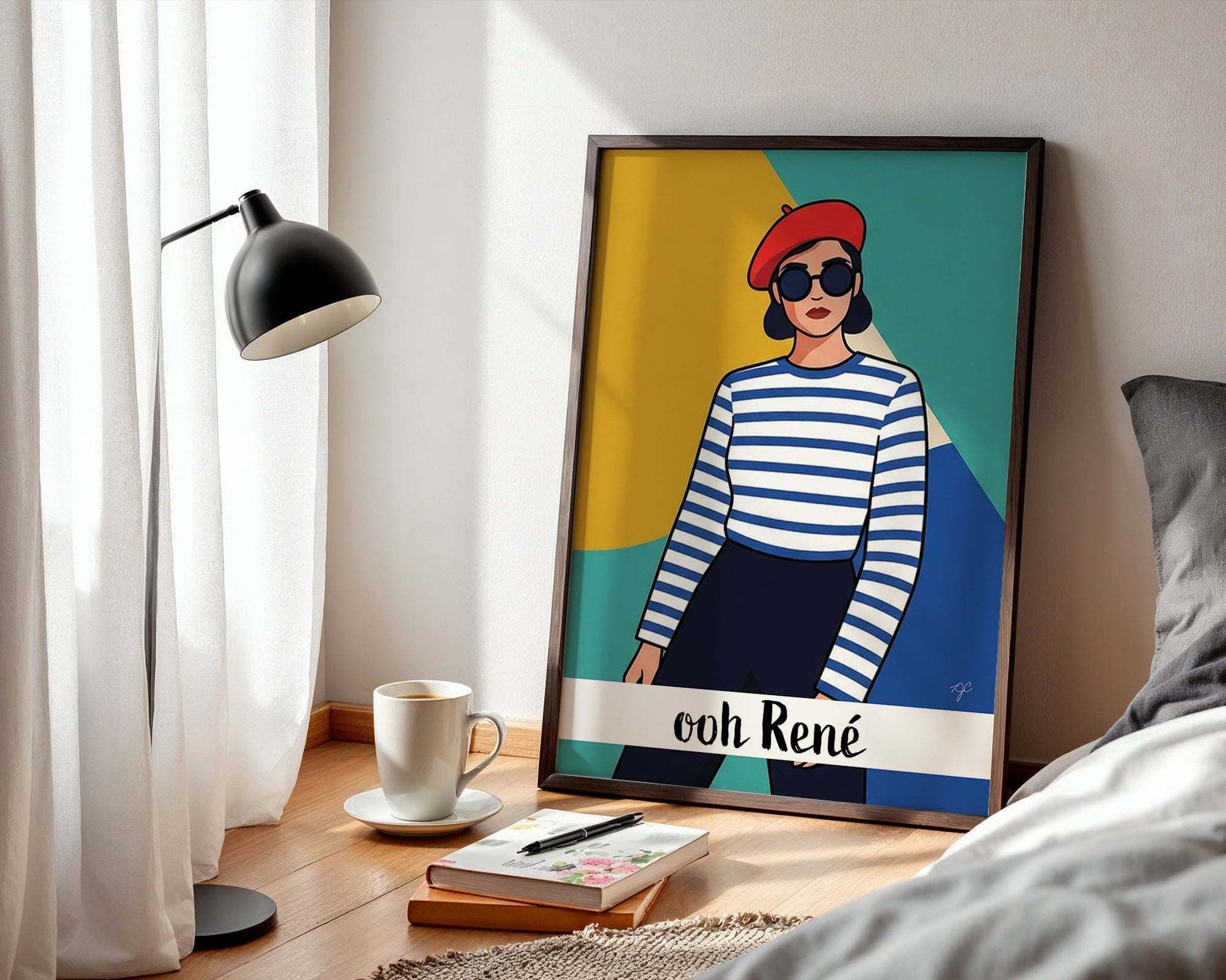 Colorful witty wall art print titled Ooh Rene available in multiple sizes for home or office decor