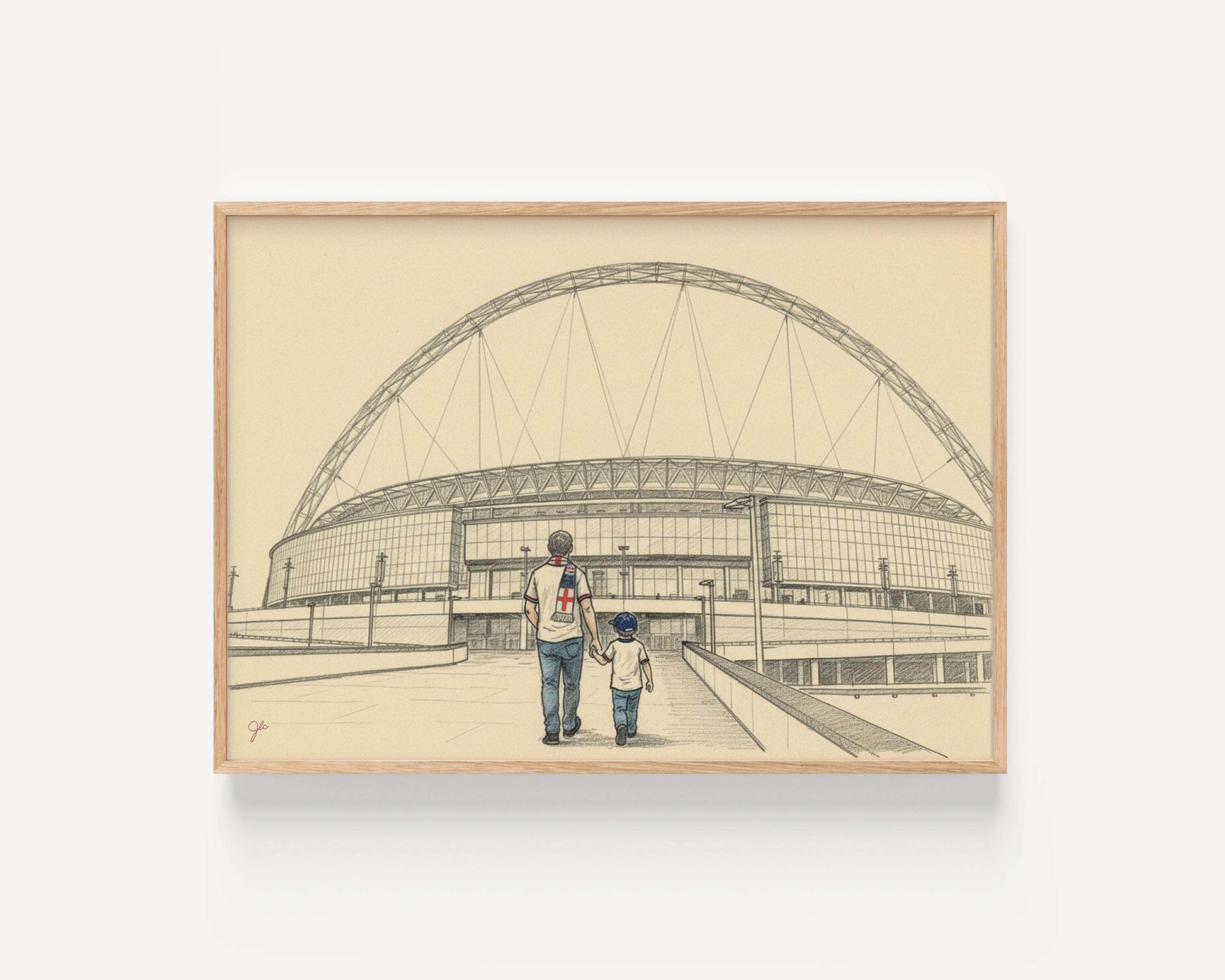 Illustrated Wembley Stadium print showing fans walking Wembley Way under the arch, celebrating English football and family memories
