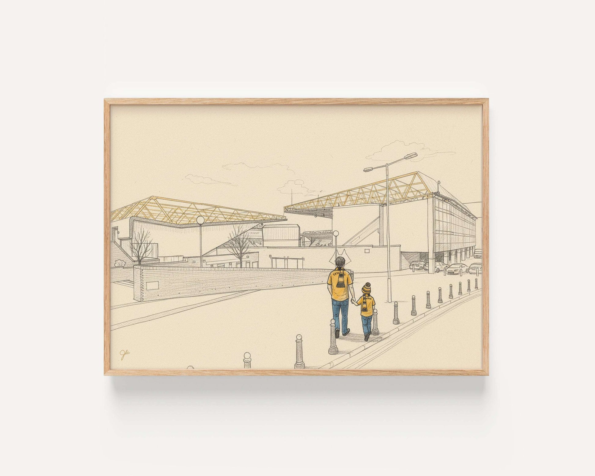 Molineux Stadium Wolverhampton Wanderers print showing golden stands and family fans cheering