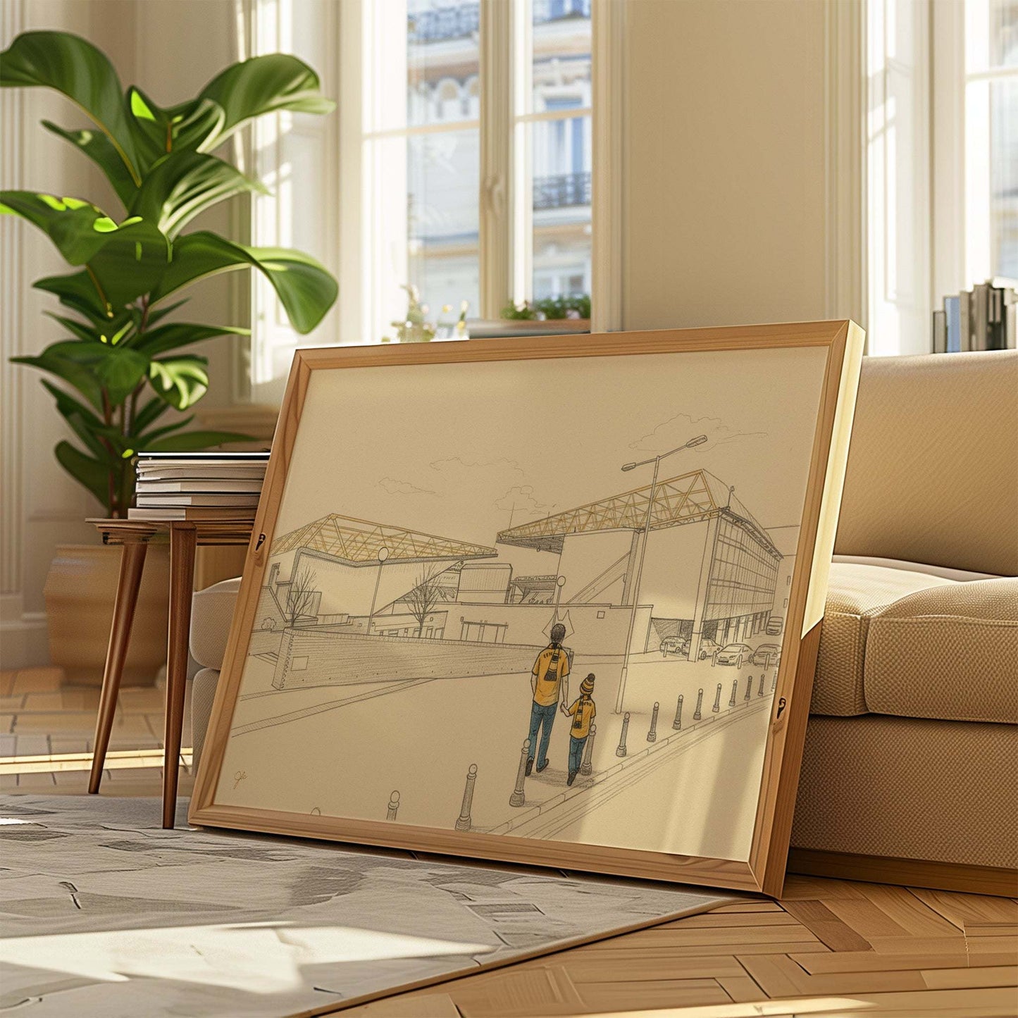 Molineux stadium print showcasing Wolverhampton Wanderers Football Club with fans in old gold colors