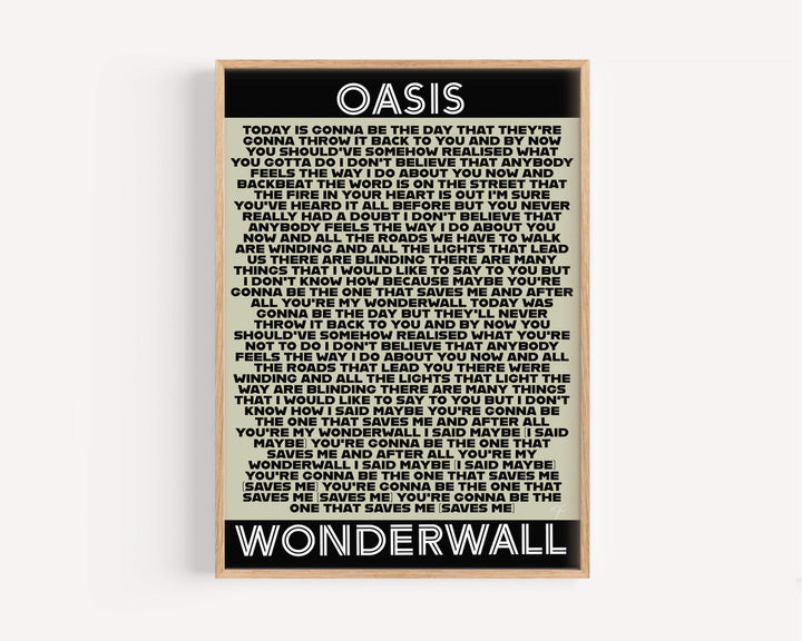 Wonderwall Oasis lyrics print on a high quality matte luxury art paper