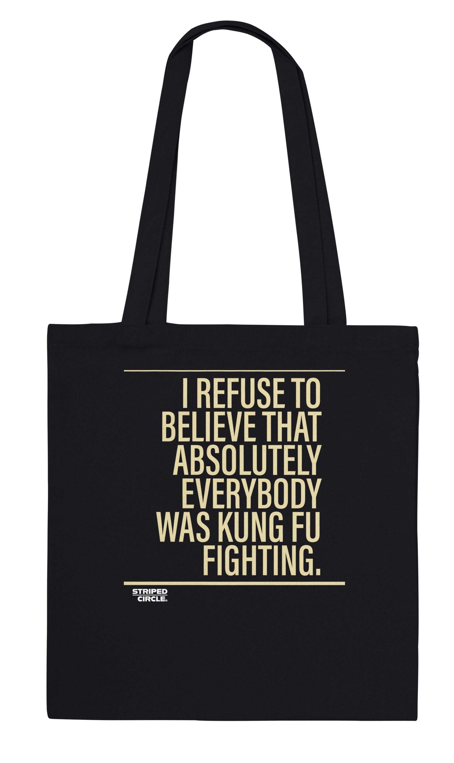 Kung Fu Fighting Tote Bag with music-inspired print from Striped Circle Apparel, 100% cotton, double-sided print, reinforced handles