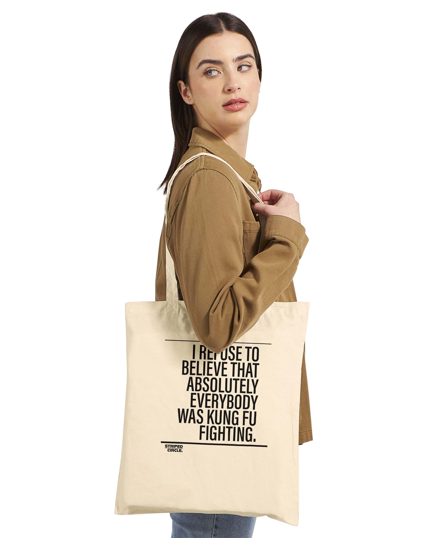 Kung Fu Fighting Tote Bag by Striped Circle Apparel with music-inspired print and reinforced handles