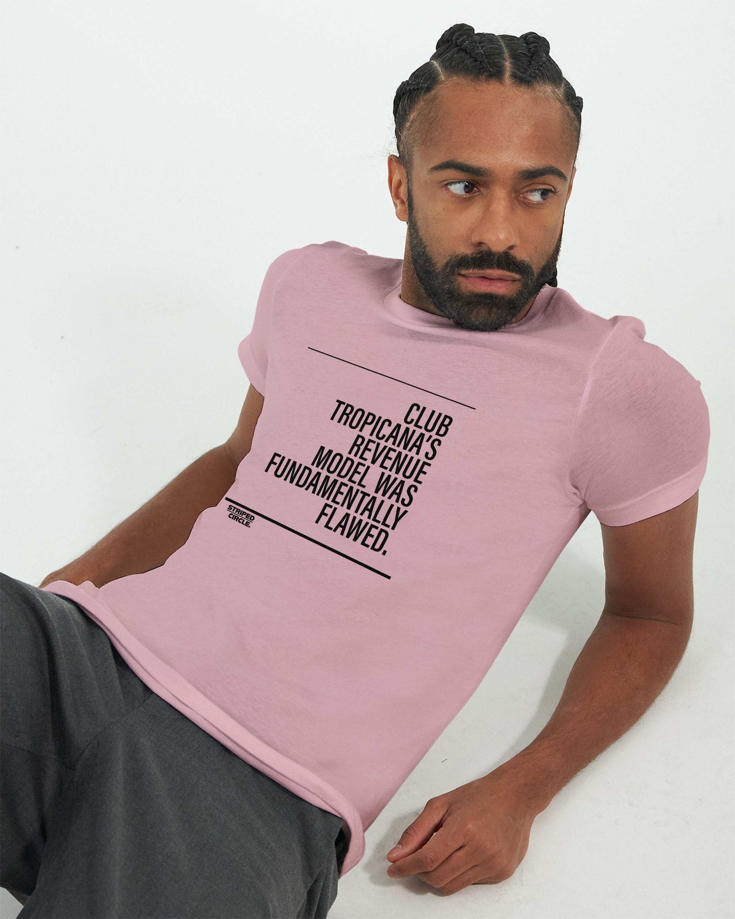 Club Tropicana Sit Down T-shirt in four colors with bold text, perfect for dancefloor and festivals